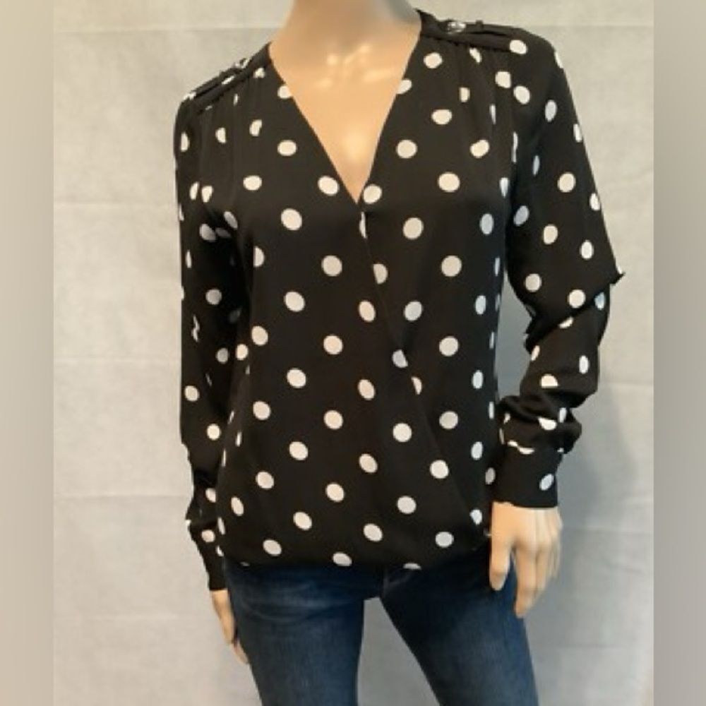 White House Black Market Polka Dot Wrap Blouse Black and White